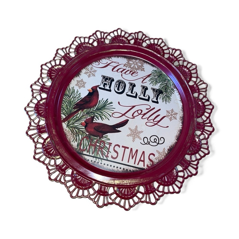 Metal Christmas tray with lacy edges, can be used for serving or displayed